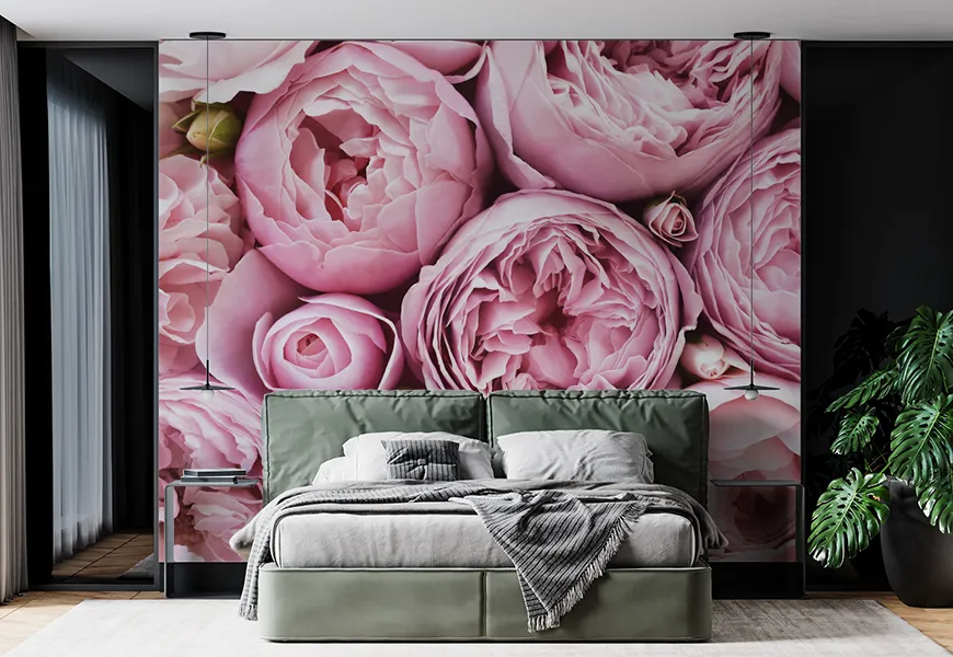 کاغذ دیواری سه بعدی اتاق خواب عروس و داماد طرح گل رز صورتی